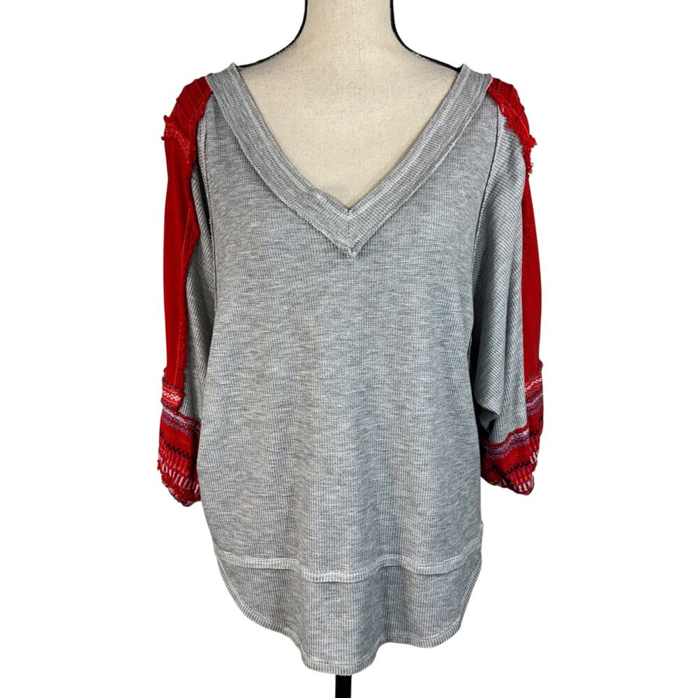 Free People Large Thermal Top We the Free Stretch V-Neck Embroidered Dolman Gray